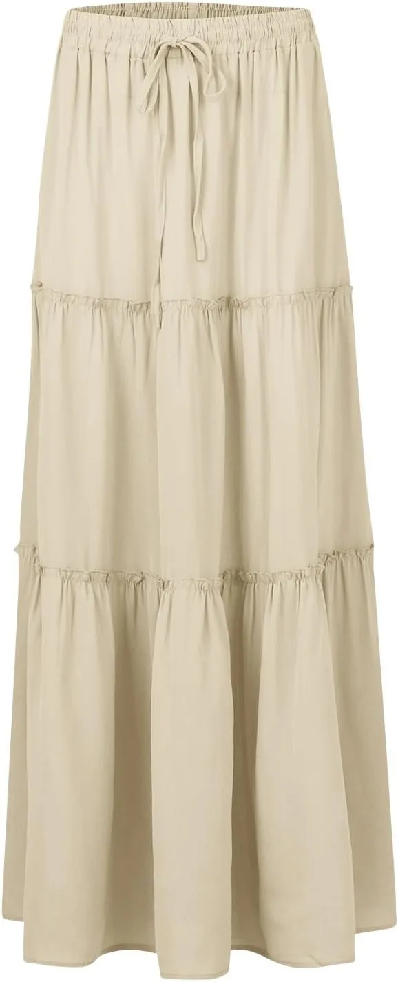 Skirts for Women Summer Flowy Tiered Elastic High Waisted Skirt Vacation Swing Long Solid Maxi Skirts