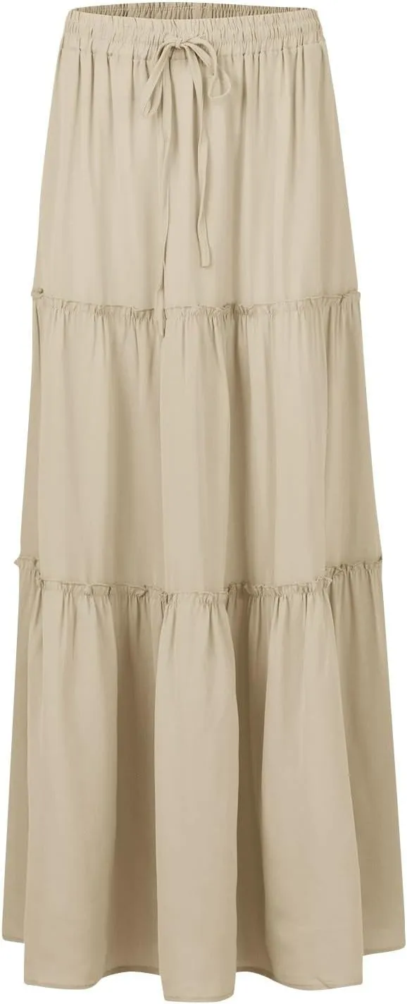 Skirts for Women Summer Flowy Tiered Elastic High Waisted Skirt Vacation Swing Long Solid Maxi Skirts