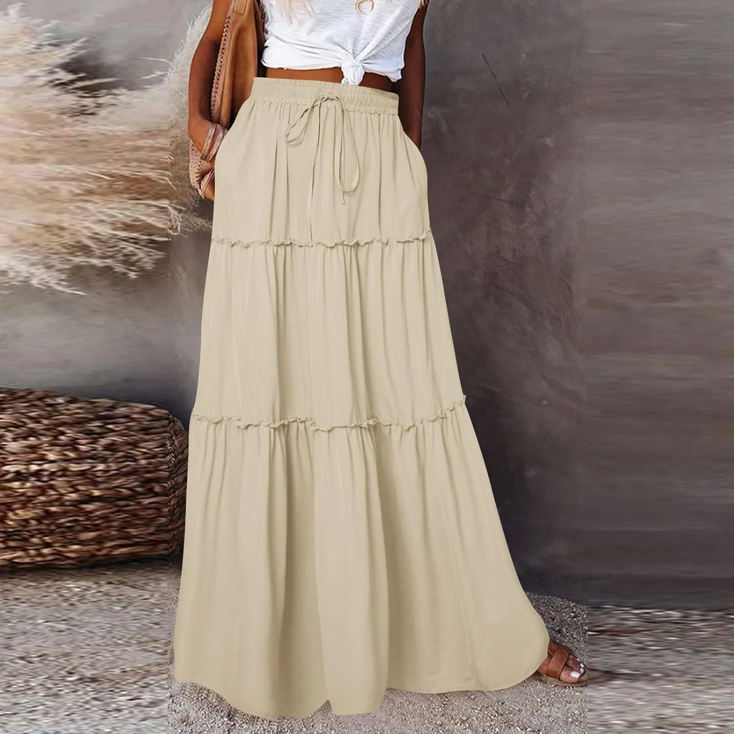 Skirts for Women Summer Flowy Tiered Elastic High Waisted Skirt Vacation Swing Long Solid Maxi Skirts