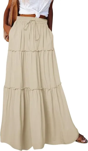 Skirts for Women Summer Flowy Tiered Elastic High Waisted Skirt Vacation Swing Long Solid Maxi Skirts