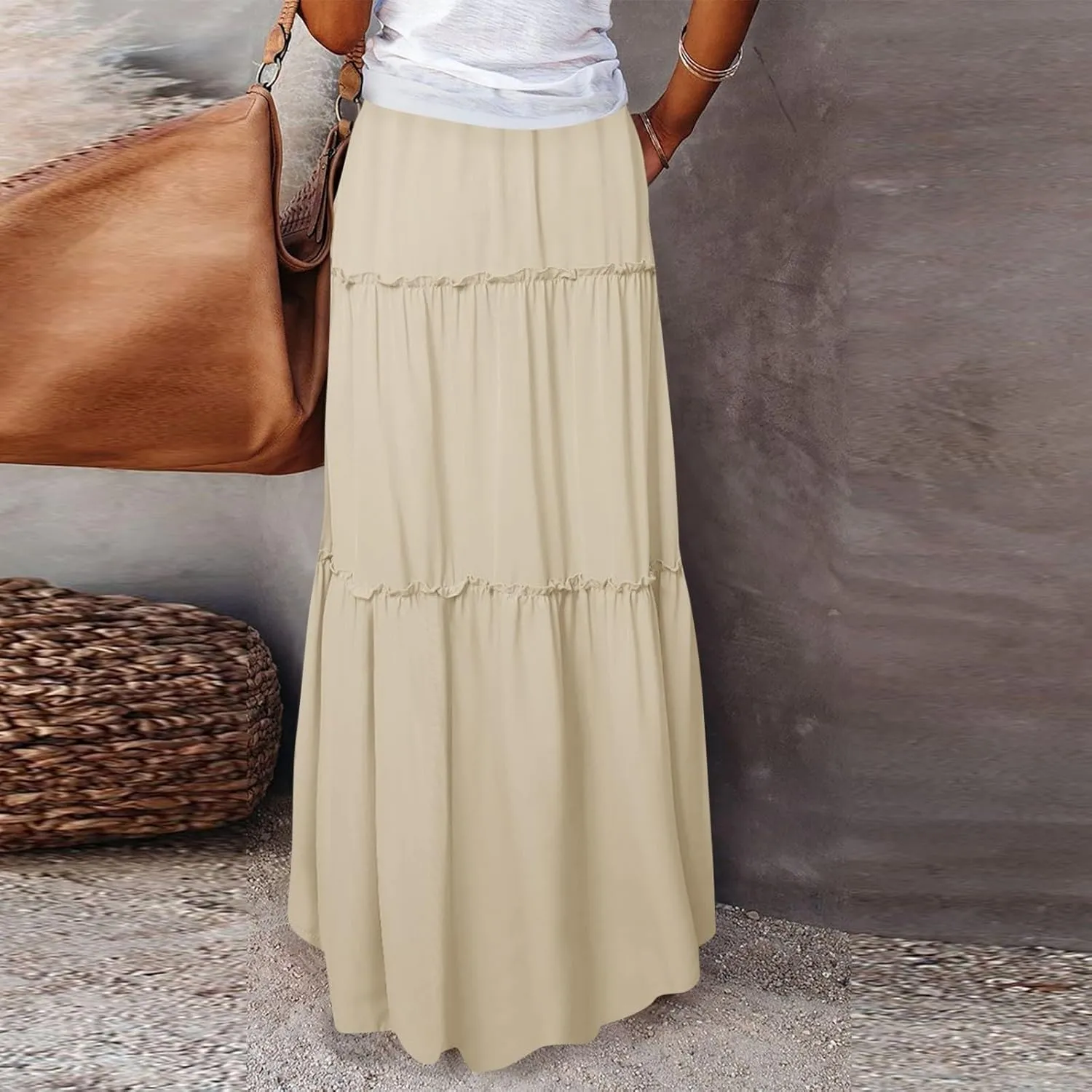 Skirts for Women Summer Flowy Tiered Elastic High Waisted Skirt Vacation Swing Long Solid Maxi Skirts