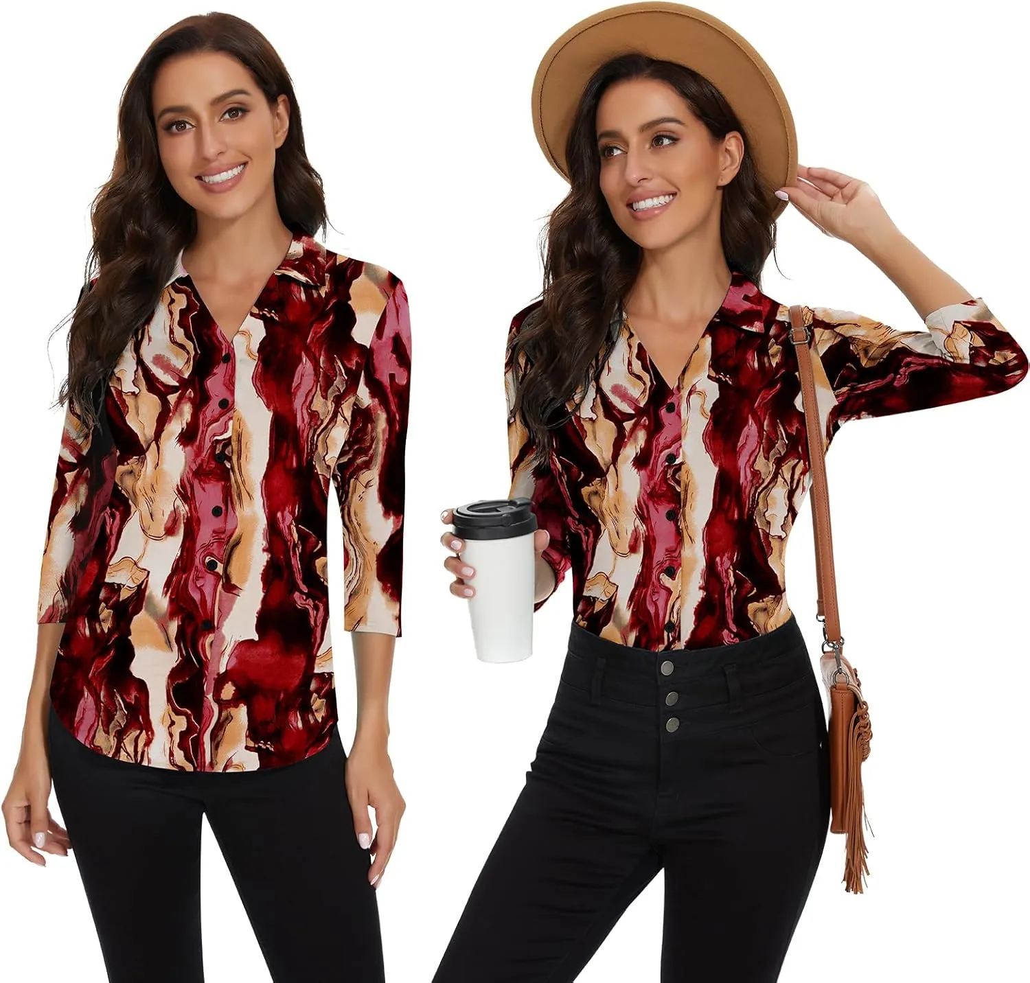Soneven Womens 3/4 Sleeve Button Down Shirt V Neck Collared Polo Shirts Work Blouses