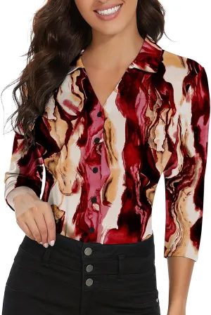 Soneven Womens 3/4 Sleeve Button Down Shirt V Neck Collared Polo Shirts Work Blouses