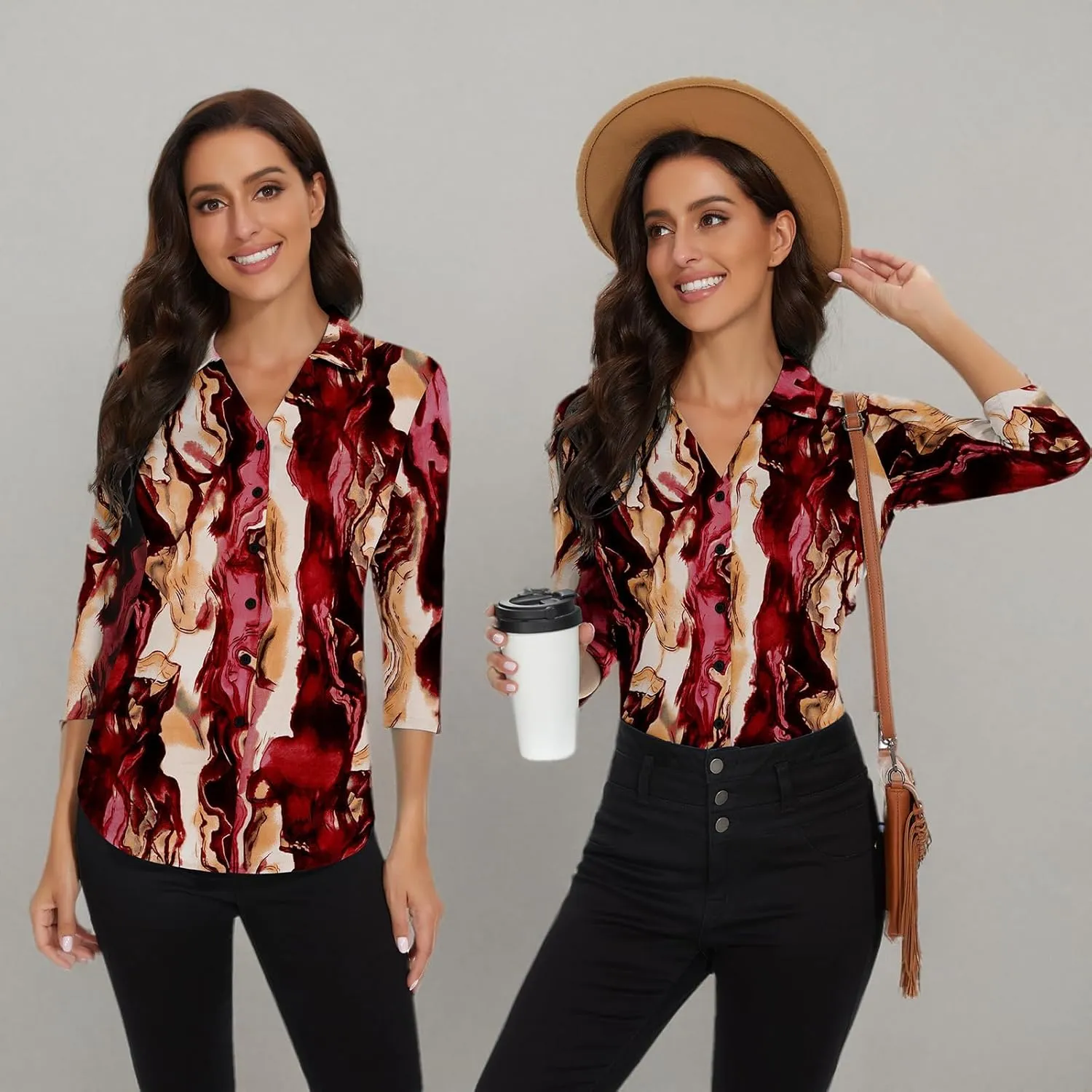 Soneven Womens 3/4 Sleeve Button Down Shirt V Neck Collared Polo Shirts Work Blouses