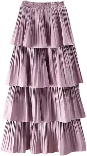 Spring Summer Women High Waist Slim Long Skirt Solid Color Multi-Layer Pleated Hem Cake Skirt