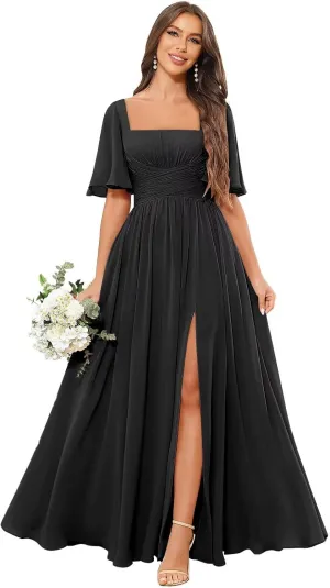 Square Neck Chiffon Bridesmaid Dresses with Slit Flutter Sleeve Long Formal Wedding Guest Dress with Pockets