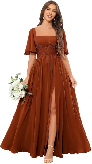 Square Neck Chiffon Bridesmaid Dresses with Slit Flutter Sleeve Long Formal Wedding Guest Dress with Pockets