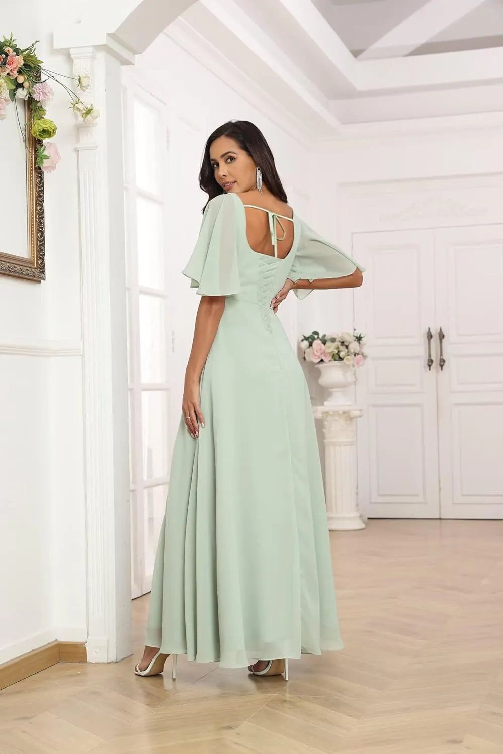 Square Neck Chiffon Bridesmaid Dresses with Slit Ruffle Half Sleeves A-line Evening Dresses for Women