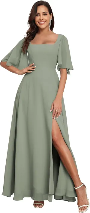 Square Neck Chiffon Bridesmaid Dresses with Slit Ruffle Half Sleeves A-line Evening Dresses for Women