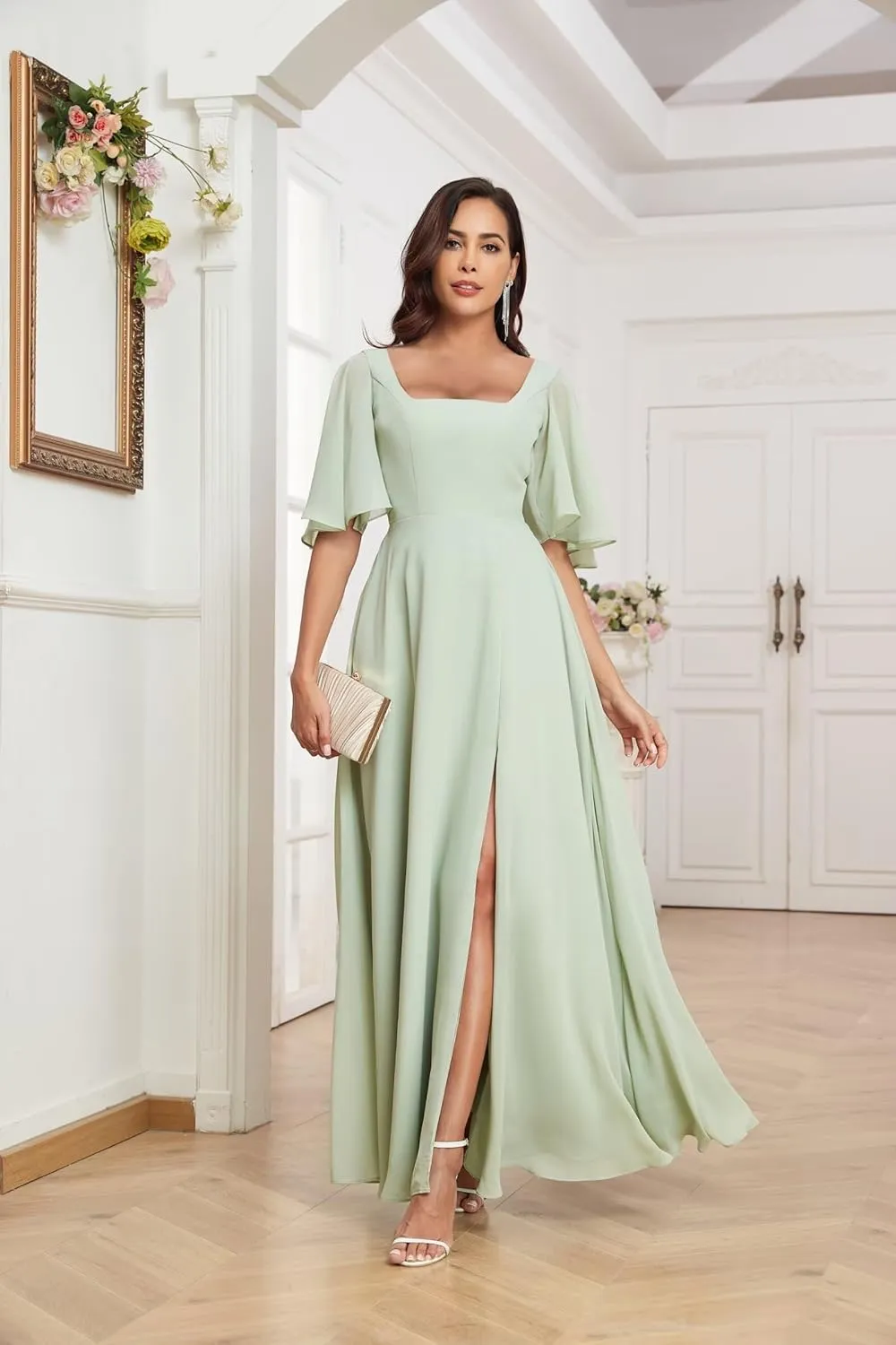 Square Neck Chiffon Bridesmaid Dresses with Slit Ruffle Half Sleeves A-line Evening Dresses for Women