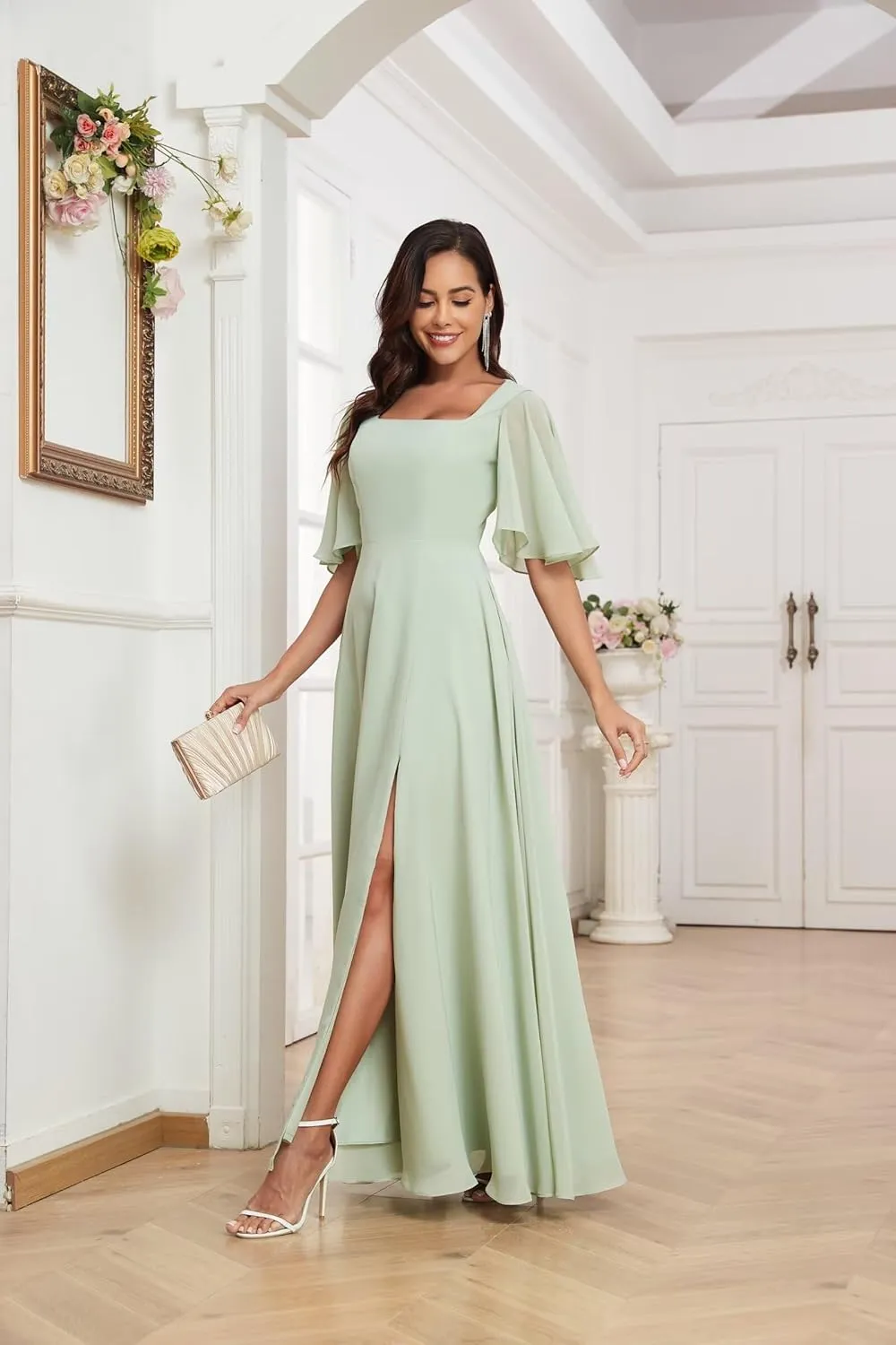 Square Neck Chiffon Bridesmaid Dresses with Slit Ruffle Half Sleeves A-line Evening Dresses for Women