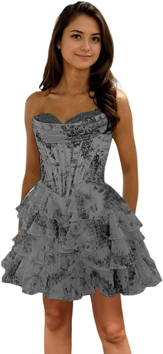 Strapless Printed Chiffon Homecoming Dress Tiered Ruffles Floral Short Prom Dress for Women ZD229