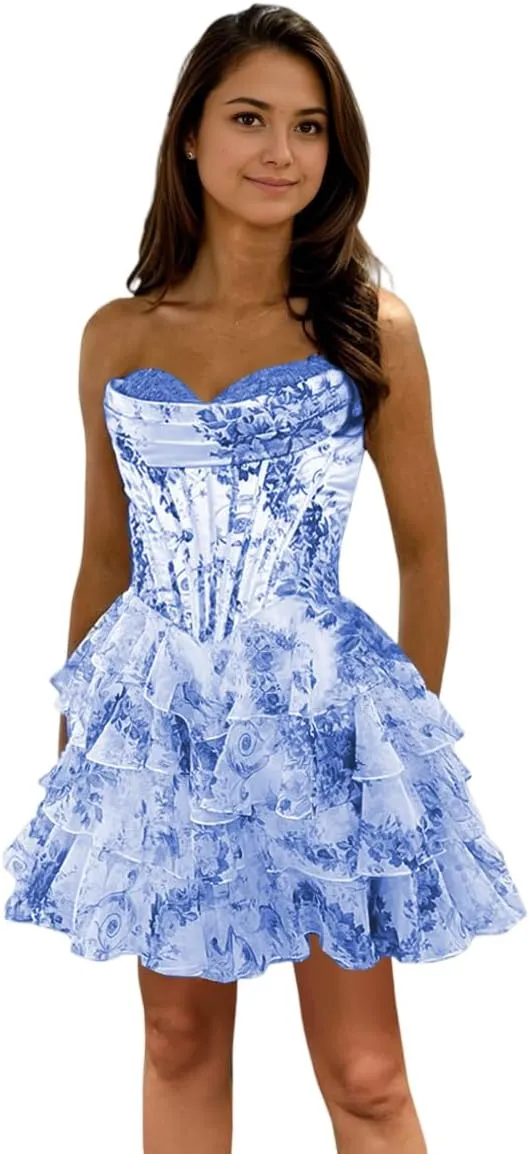 Strapless Printed Chiffon Homecoming Dress Tiered Ruffles Floral Short Prom Dress for Women ZD229
