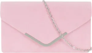 Suede Evening Envelope Clutch Purse Wedding Party Handbag Silver Chain Crossbody Shoulder Dinner, Pink