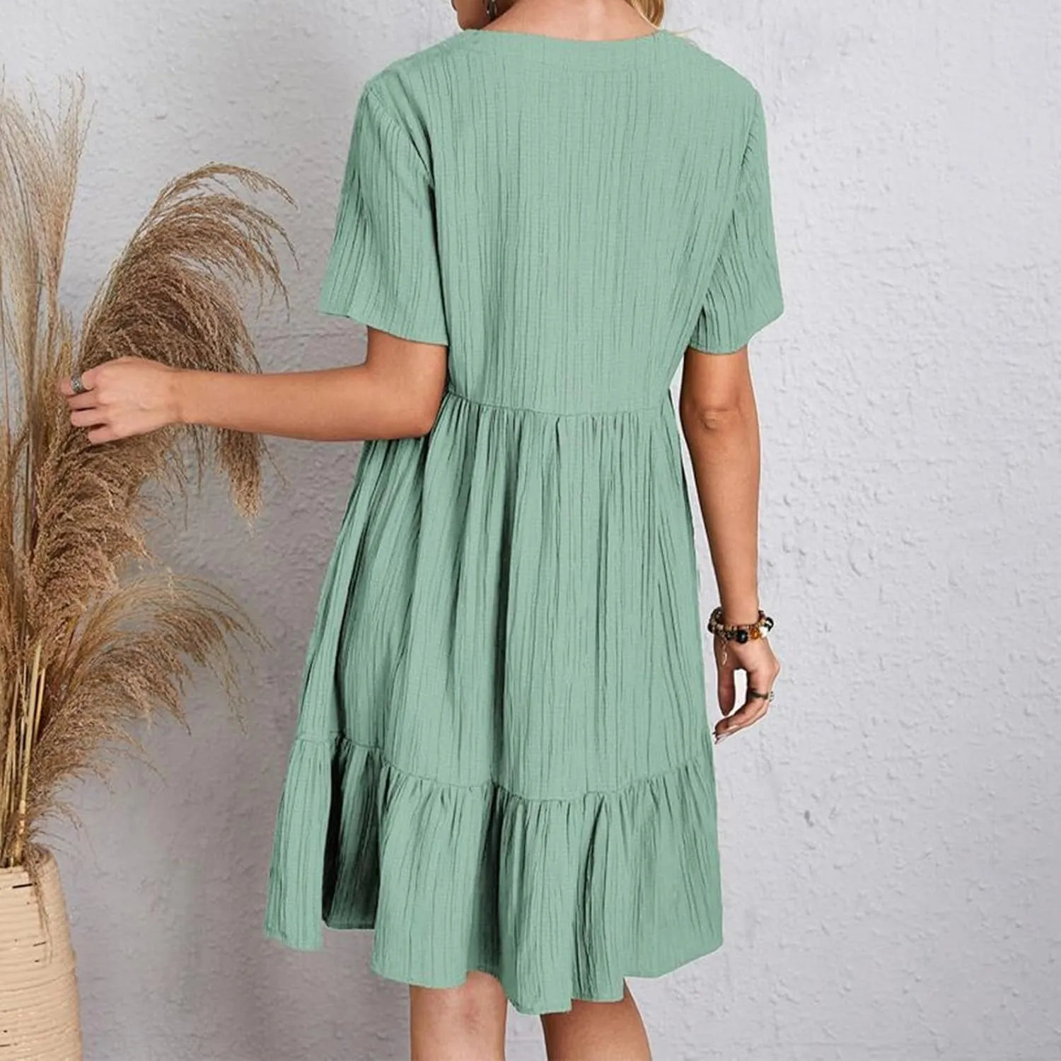 Summer Dresses for Women 2025 Casual Short Sleeve V Neck Midi Dress Pleated Tiered A Line Flowy Sundresses Vacation Clothes