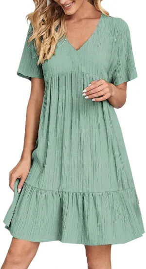 Summer Dresses for Women 2025 Casual Short Sleeve V Neck Midi Dress Pleated Tiered A Line Flowy Sundresses Vacation Clothes