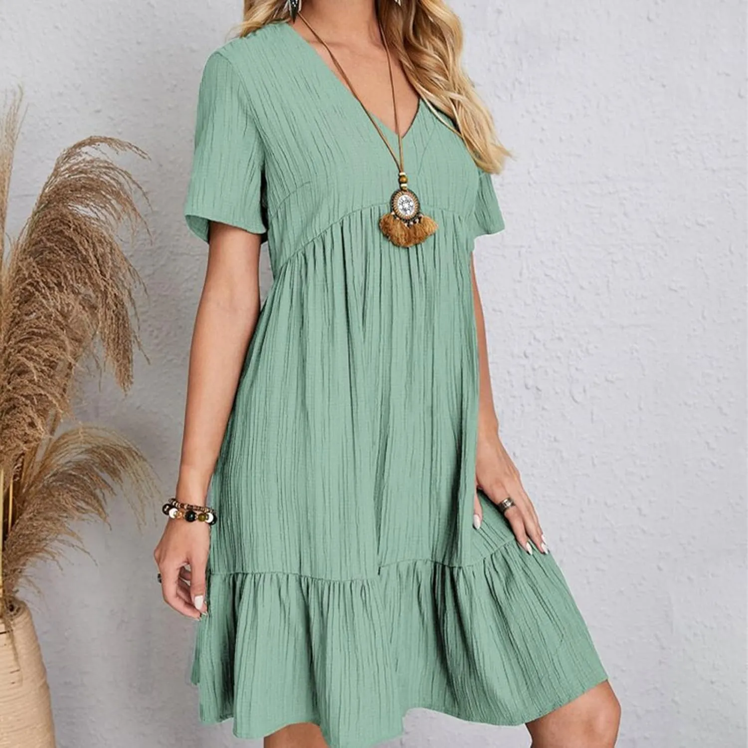 Summer Dresses for Women 2025 Casual Short Sleeve V Neck Midi Dress Pleated Tiered A Line Flowy Sundresses Vacation Clothes