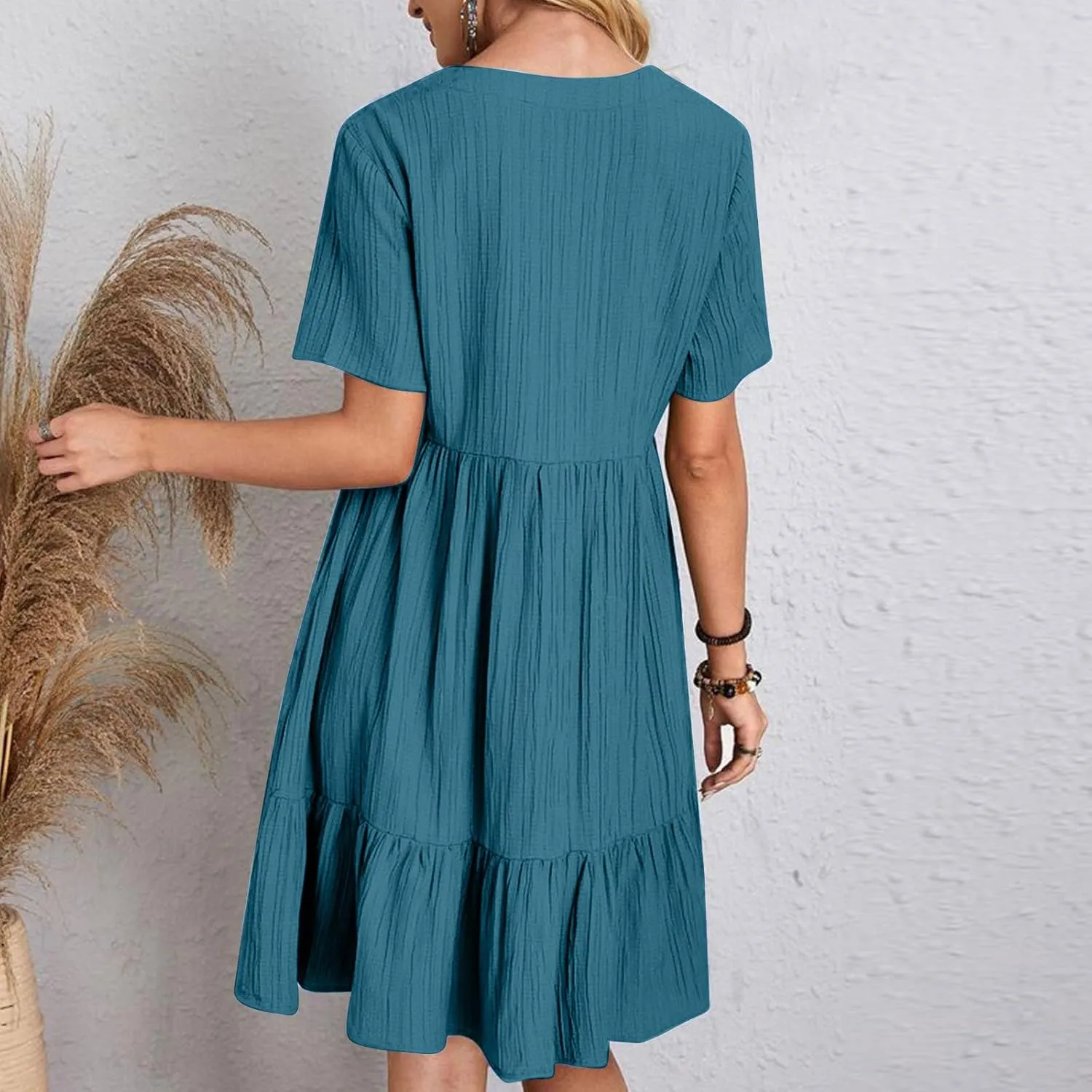 Summer Dresses for Women 2025 Short Sleeve v Neck T Shirt Mini Dress Pleated Ruffle Flowy Beach Vacation Sundresses