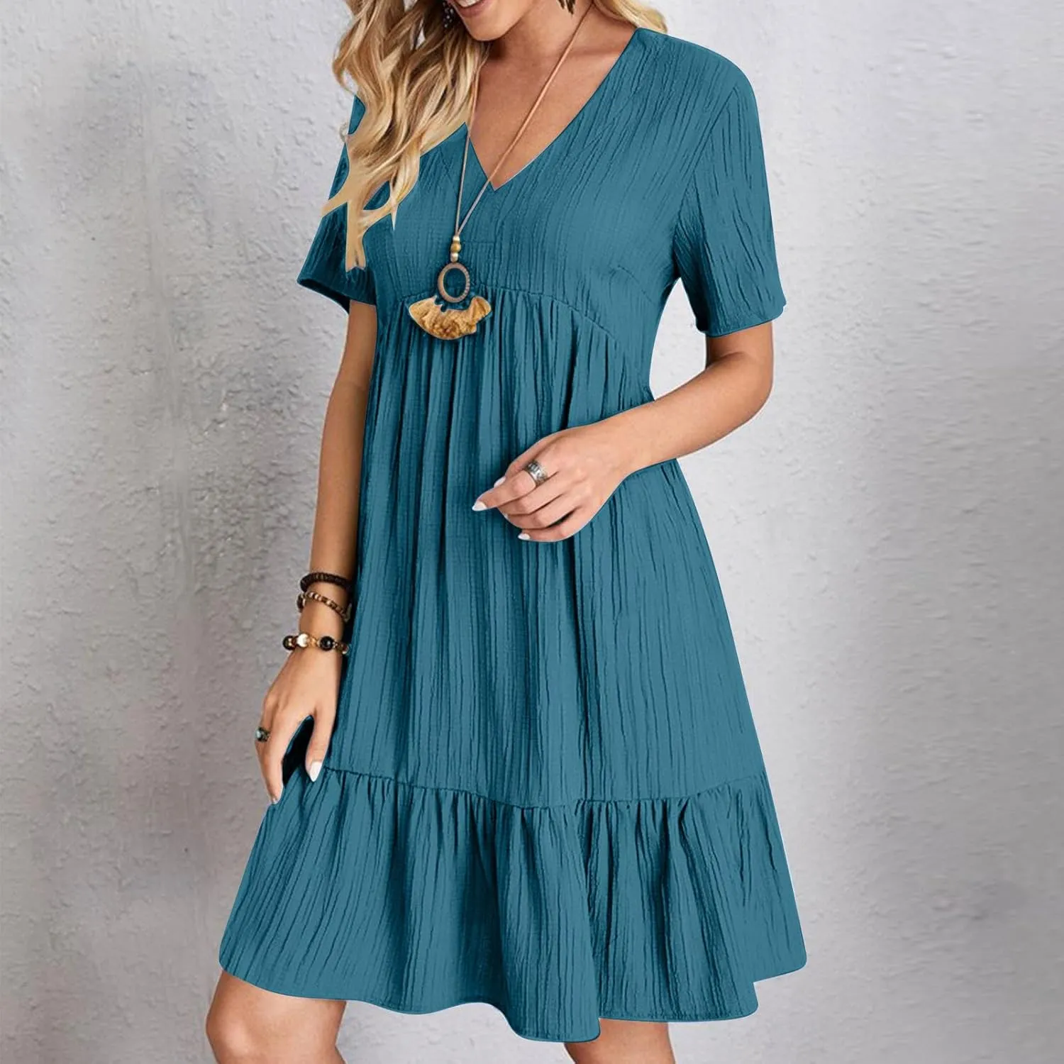 Summer Dresses for Women 2025 Short Sleeve v Neck T Shirt Mini Dress Pleated Ruffle Flowy Beach Vacation Sundresses