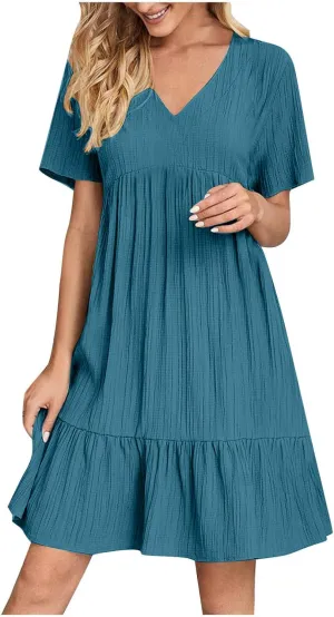Summer Dresses for Women 2025 Short Sleeve v Neck T Shirt Mini Dress Pleated Ruffle Flowy Beach Vacation Sundresses