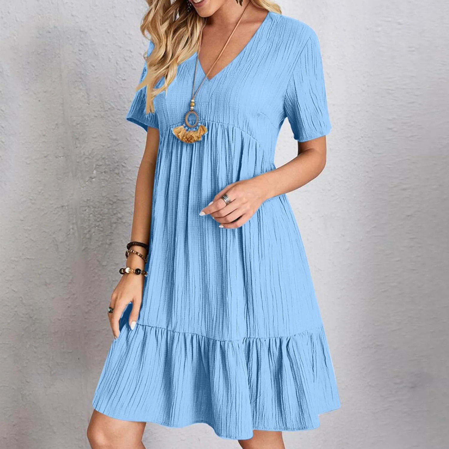 Summer Dresses for Women 2025 Short Sleeve v Neck T Shirt Mini Dress Pleated Ruffle Flowy Beach Vacation Sundresses