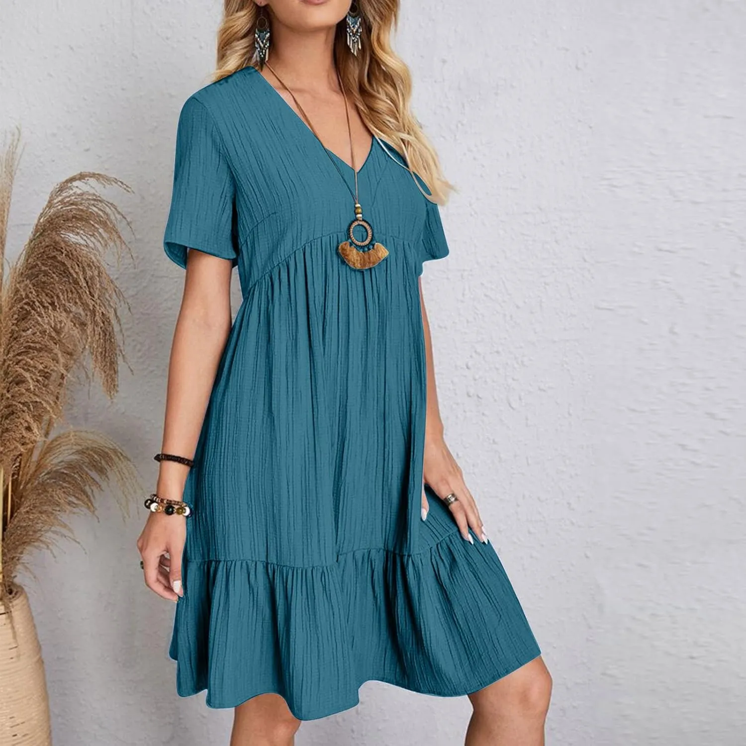 Summer Dresses for Women 2025 Short Sleeve v Neck T Shirt Mini Dress Pleated Ruffle Flowy Beach Vacation Sundresses
