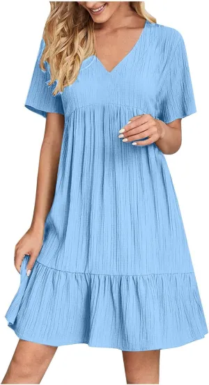 Summer Dresses for Women 2025 Short Sleeve v Neck T Shirt Mini Dress Pleated Ruffle Flowy Beach Vacation Sundresses