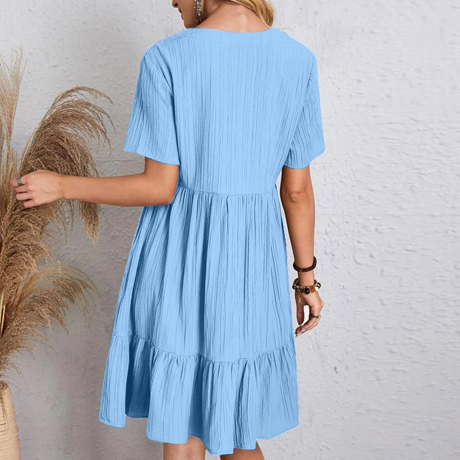 Summer Dresses for Women 2025 Short Sleeve v Neck T Shirt Mini Dress Pleated Ruffle Flowy Beach Vacation Sundresses