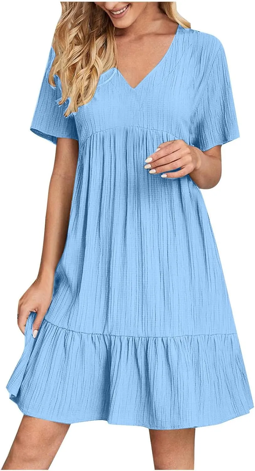 Summer Dresses for Women 2025 Short Sleeve v Neck T Shirt Mini Dress Pleated Ruffle Flowy Beach Vacation Sundresses