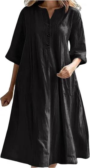Summer Dresses for Women Boho Vacation Dress Midi Button Up 3/4 Sleeve Beach Dress Loose Fit Shift V Neck Sundress