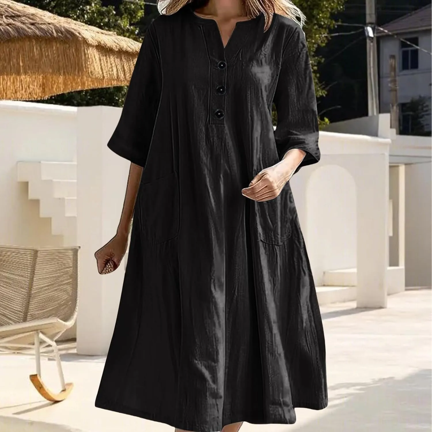 Summer Dresses for Women Boho Vacation Dress Midi Button Up 3/4 Sleeve Beach Dress Loose Fit Shift V Neck Sundress