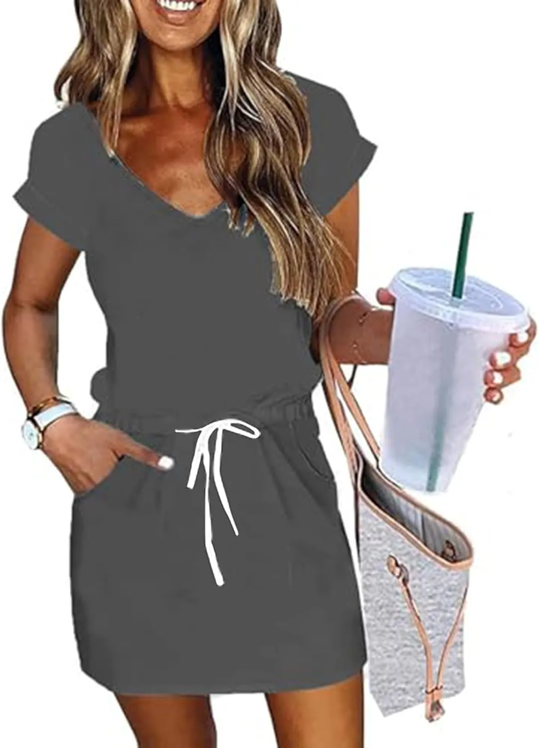 Summer Midi Dress for Women Waist Drawstring Short Sleeve V Neck A Line Loose Casual Short Sundress with Pockets 2025