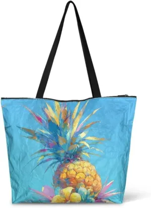 Summer Pineapple Watermelon 14'' Tote Bags, Cartoon Cat Corgi Dog Shoulder Bag, Tropical Island Scenery Handbags