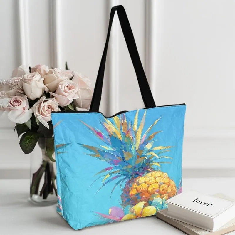 Summer Pineapple Watermelon 14'' Tote Bags, Cartoon Cat Corgi Dog Shoulder Bag, Tropical Island Scenery Handbags