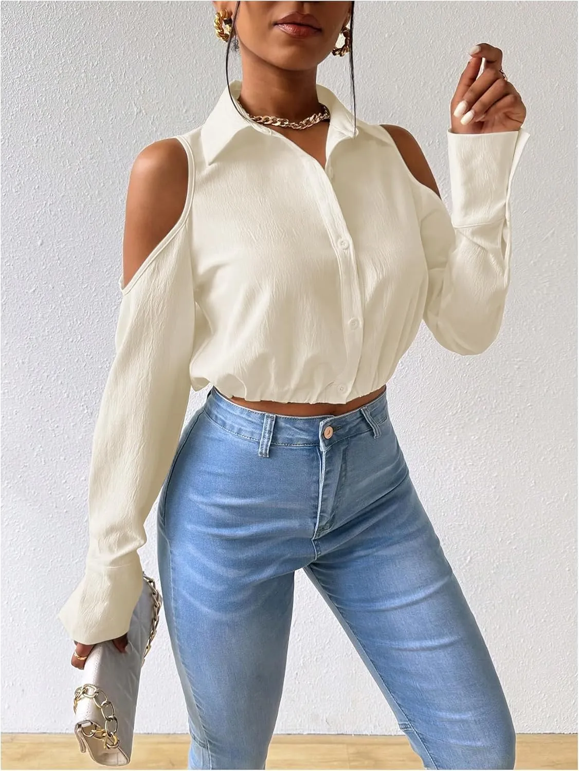 SweatyRocks Women's Cold Shoulder Long Sleeve Button Down Collared Cropped Blouses