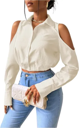 SweatyRocks Women's Cold Shoulder Long Sleeve Button Down Collared Cropped Blouses