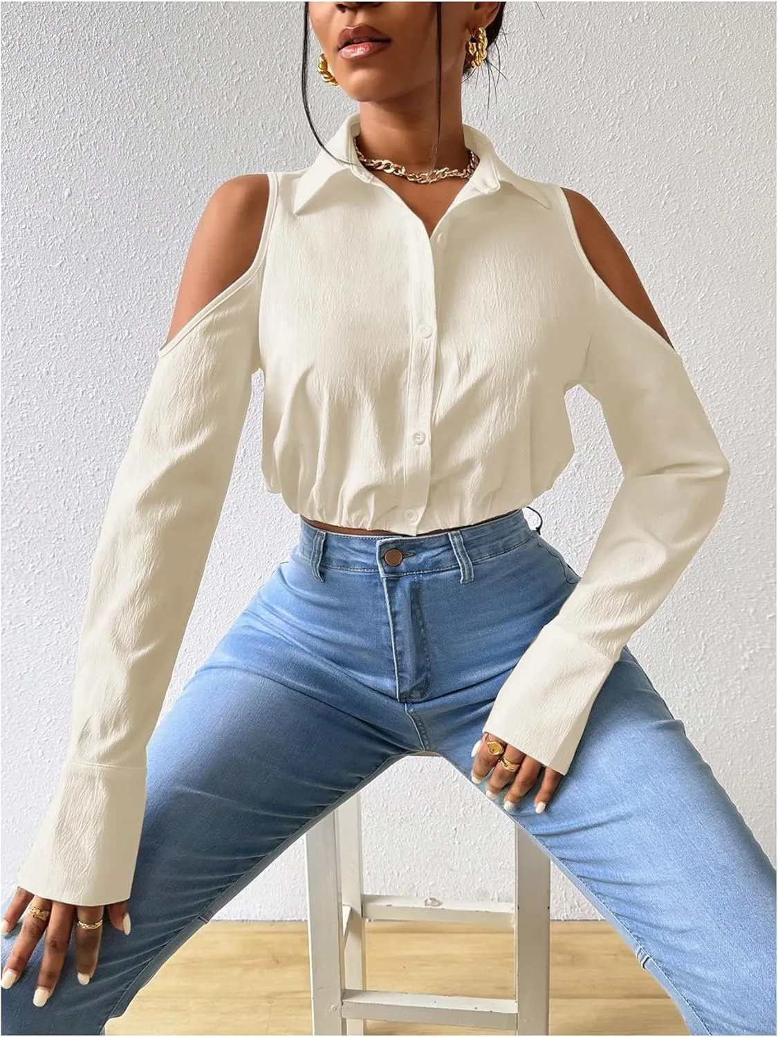 SweatyRocks Women's Cold Shoulder Long Sleeve Button Down Collared Cropped Blouses