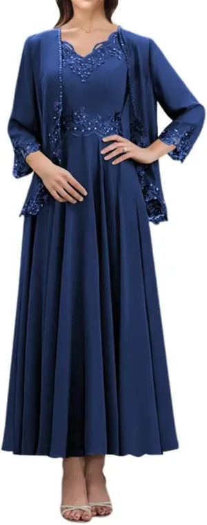 SYYS 2 Pieces Mother of The Bride Dresses Appliques Chiffon Formal Dresses for Women with Pockets SYYS414