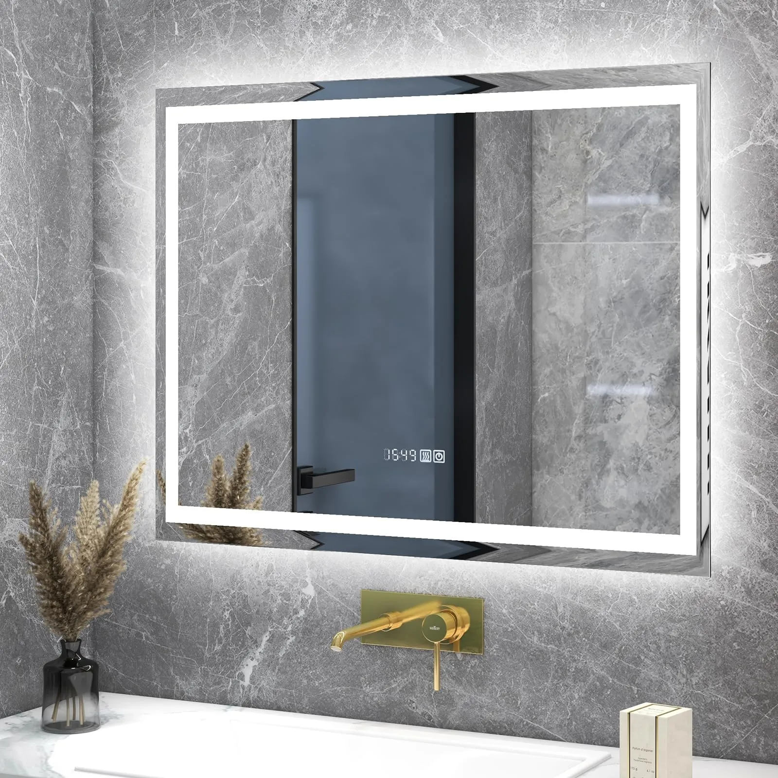 Tangkula LED Bathroom Mirror, Wall Mounted Rectangle Mirror w/ 3-Color Dimmable Lights, Time/Temp Display, Anti-Fog