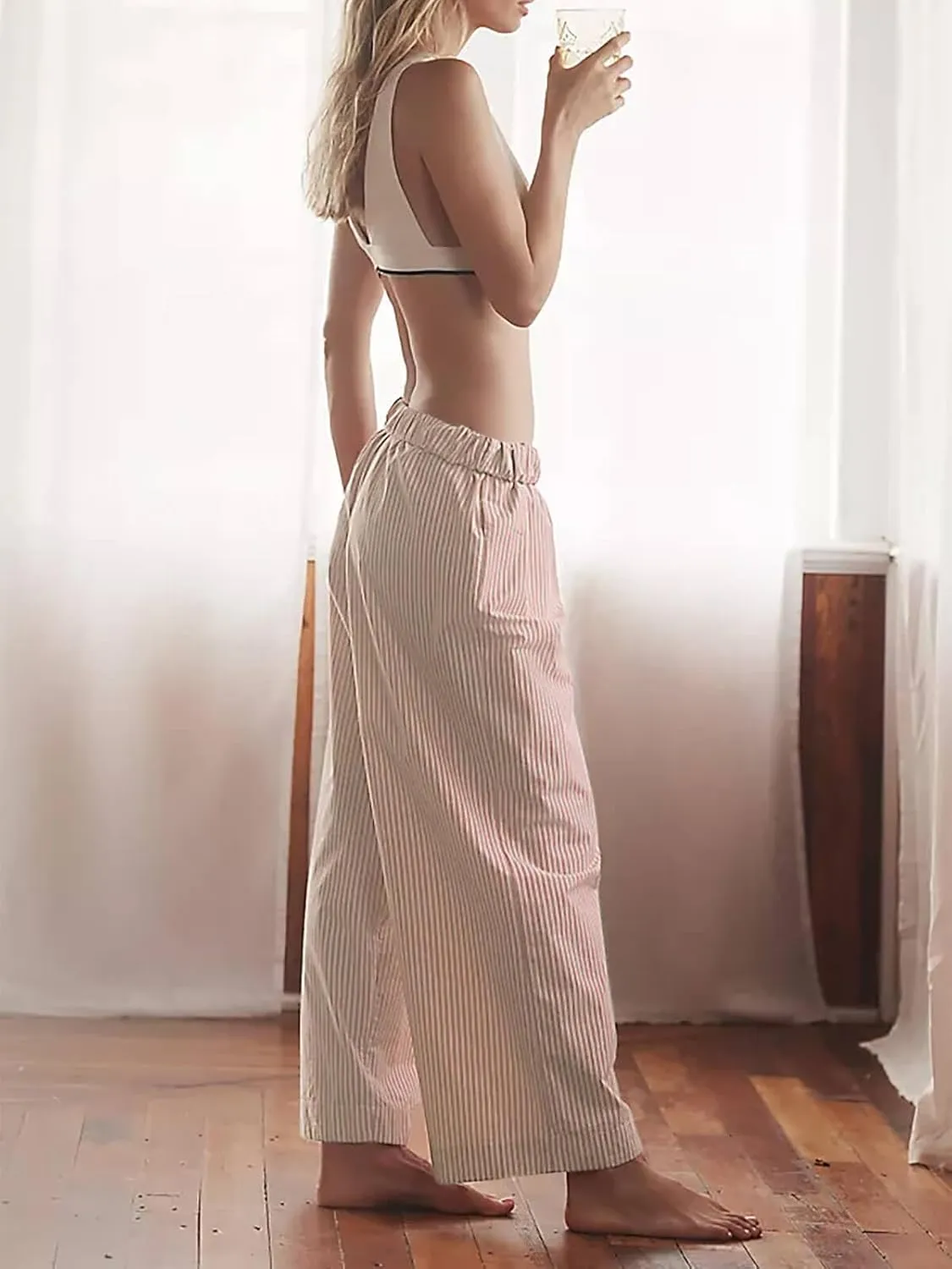 Tankaneo Womens Boxer Pants Striped Lounge Pajama Bottoms Elastic High Waisted Wide Leg Trousers with Pockets