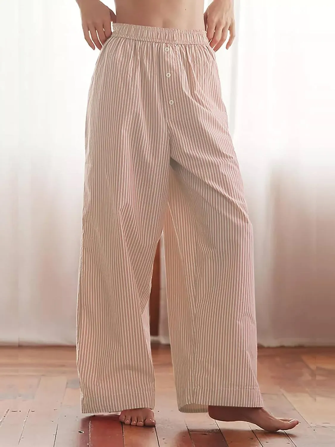 Tankaneo Womens Boxer Pants Striped Lounge Pajama Bottoms Elastic High Waisted Wide Leg Trousers with Pockets