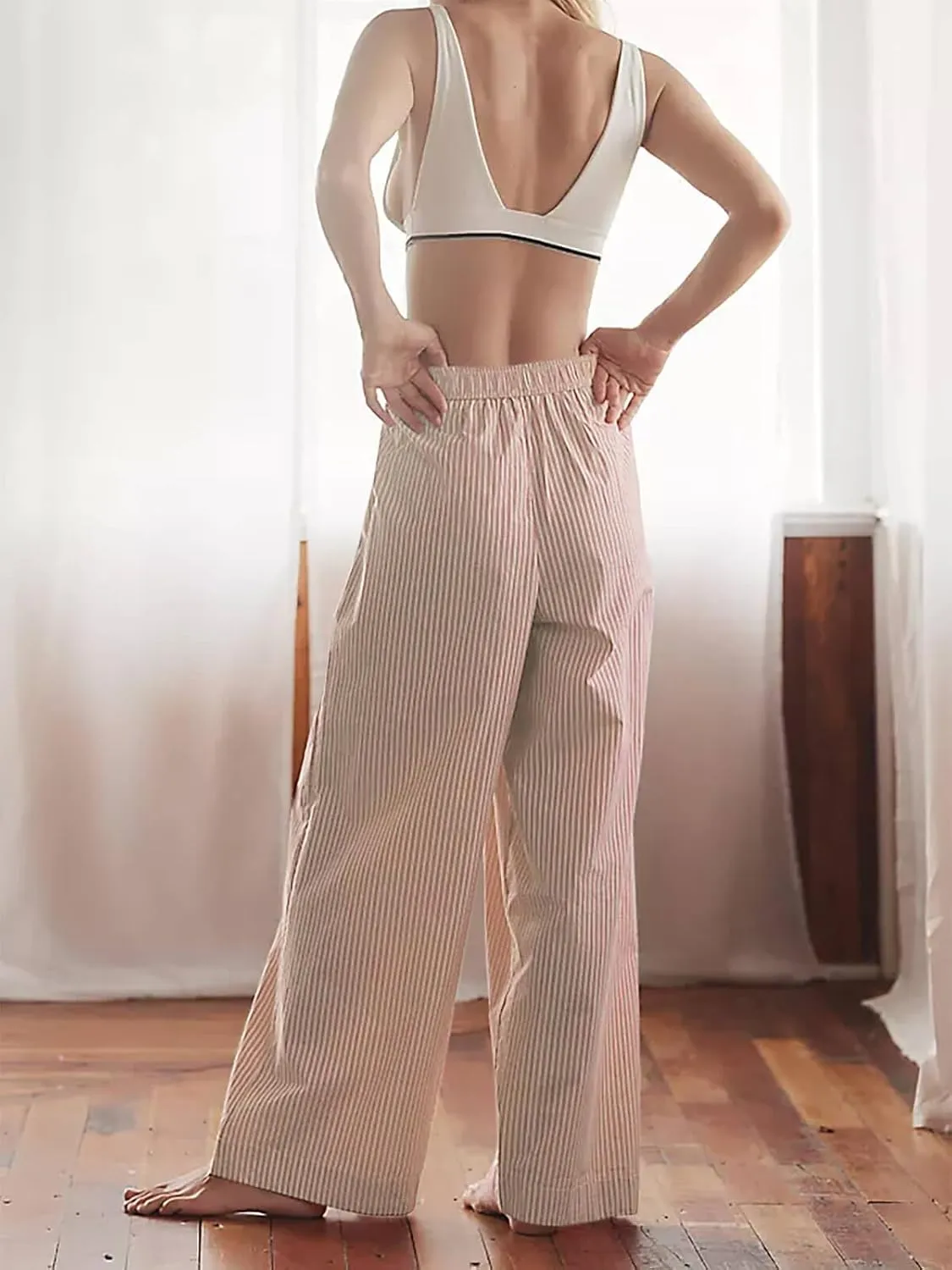 Tankaneo Womens Boxer Pants Striped Lounge Pajama Bottoms Elastic High Waisted Wide Leg Trousers with Pockets