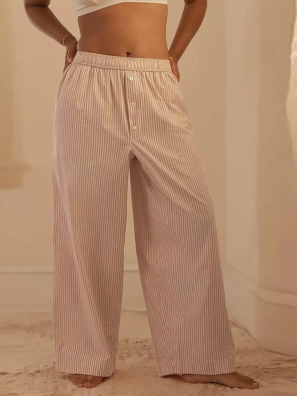 Tankaneo Womens Boxer Pants Striped Lounge Pajama Bottoms Elastic High Waisted Wide Leg Trousers with Pockets