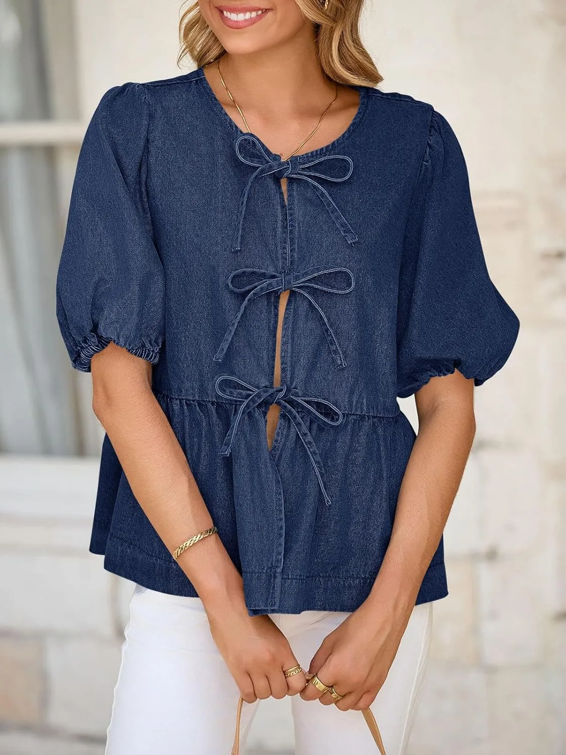 Tankaneo Womens Denim Tie Front Tops Babydoll Peplum Puff Sleeve Jean Shirts Crew Neck Summer Casual Bow Blouses
