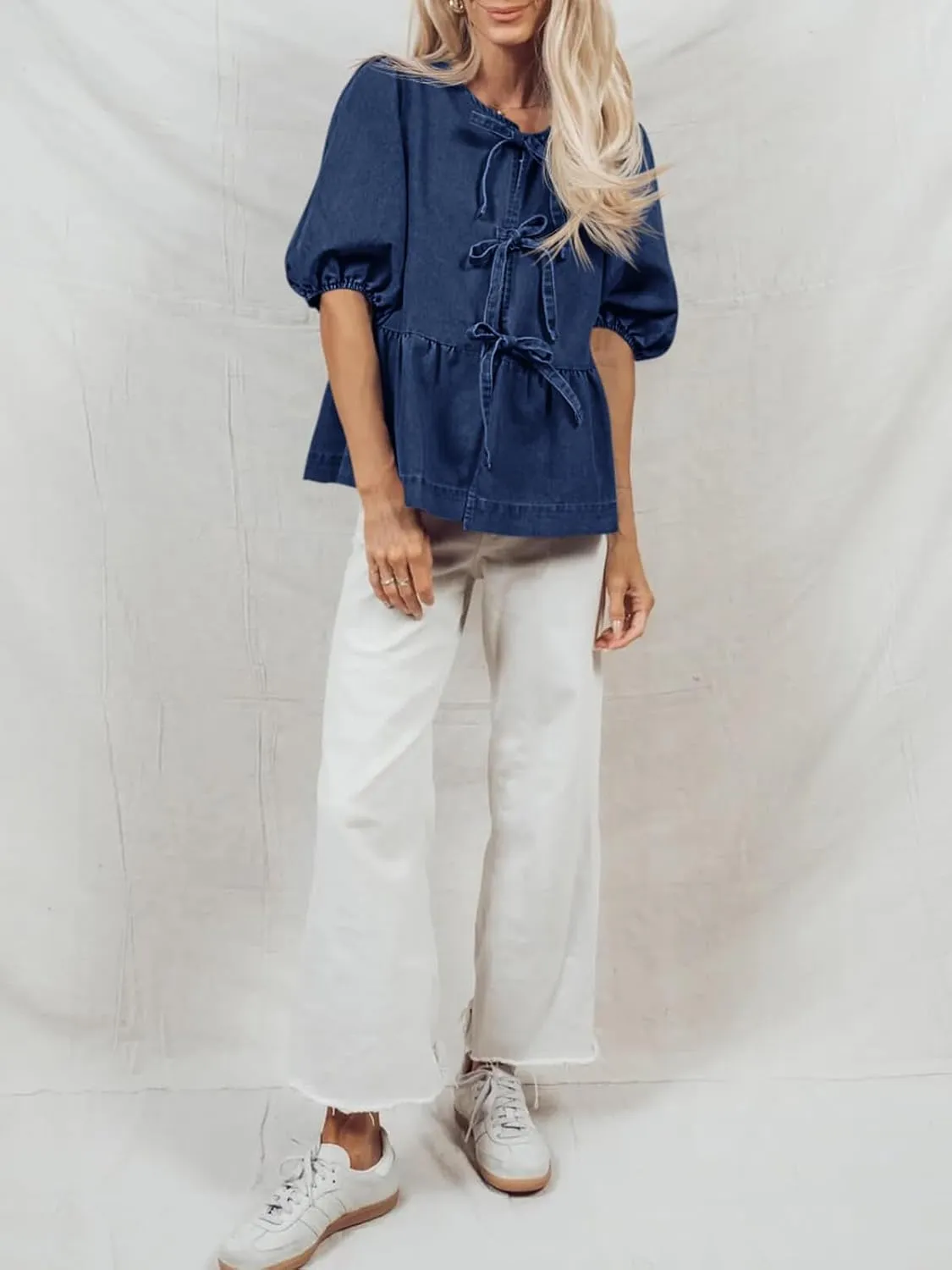 Tankaneo Womens Denim Tie Front Tops Babydoll Peplum Puff Sleeve Jean Shirts Crew Neck Summer Casual Bow Blouses