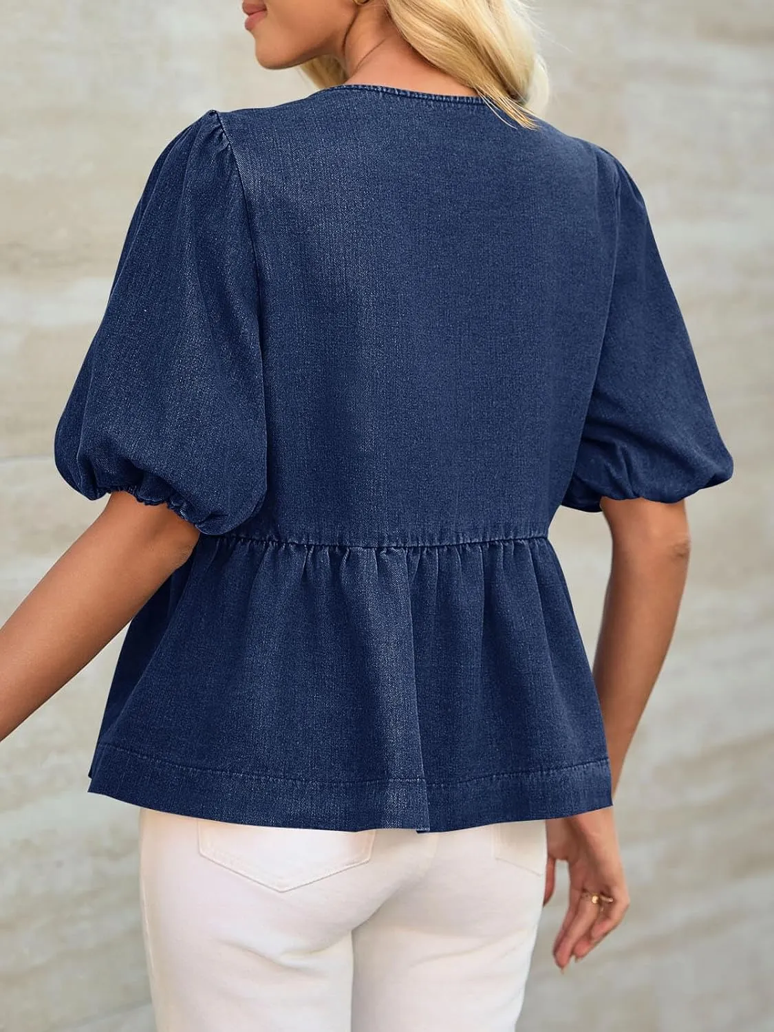 Tankaneo Womens Denim Tie Front Tops Babydoll Peplum Puff Sleeve Jean Shirts Crew Neck Summer Casual Bow Blouses