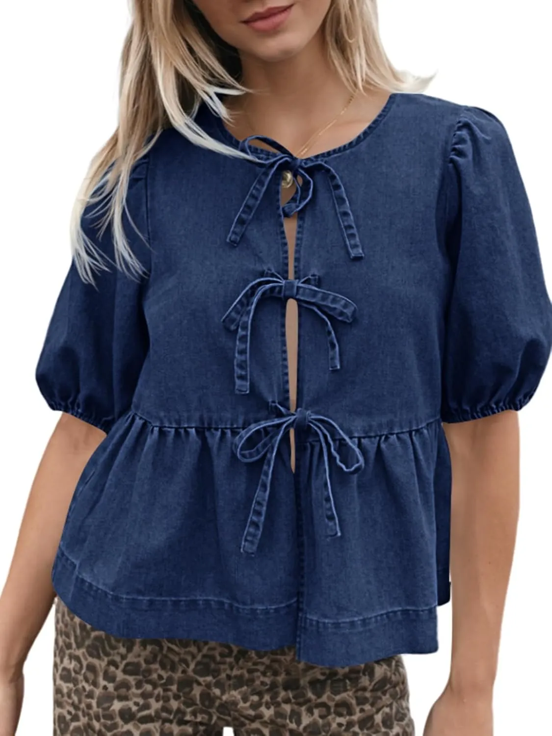 Tankaneo Womens Denim Tie Front Tops Babydoll Peplum Puff Sleeve Jean Shirts Crew Neck Summer Casual Bow Blouses