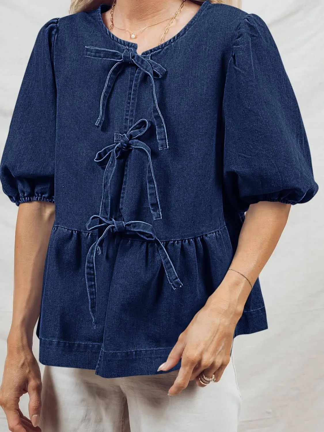 Tankaneo Womens Denim Tie Front Tops Babydoll Peplum Puff Sleeve Jean Shirts Crew Neck Summer Casual Bow Blouses