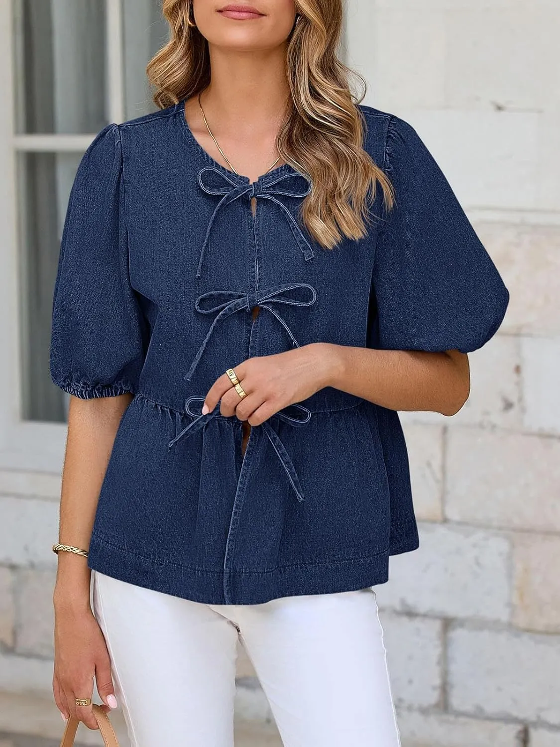 Tankaneo Womens Denim Tie Front Tops Babydoll Peplum Puff Sleeve Jean Shirts Crew Neck Summer Casual Bow Blouses