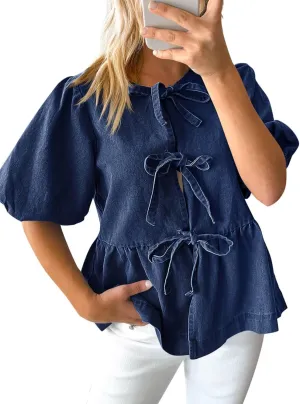 Tankaneo Womens Denim Tie Front Tops Babydoll Peplum Puff Sleeve Jean Shirts Crew Neck Summer Casual Bow Blouses